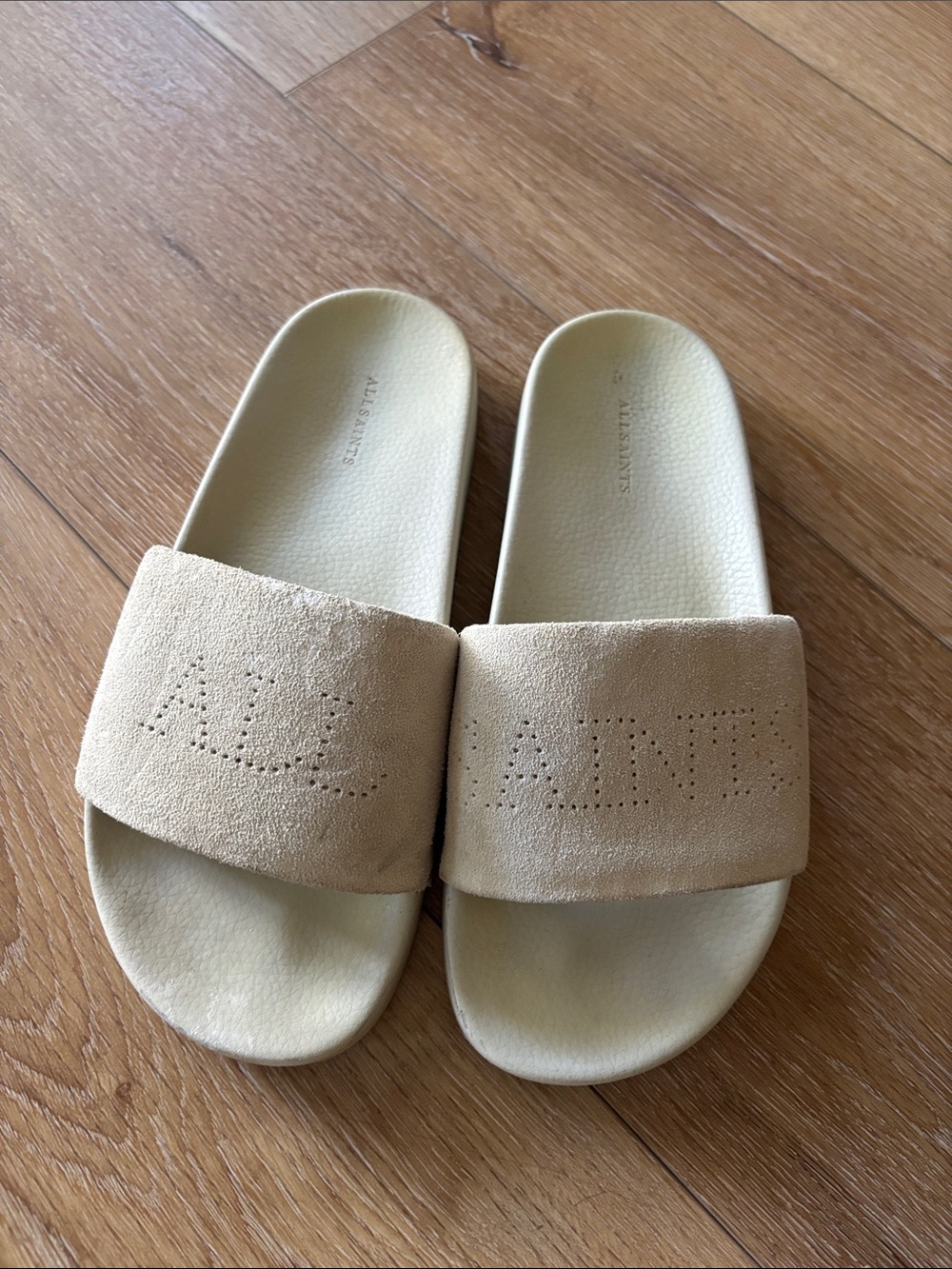 AllSaints Cream Suede Slide Sandals